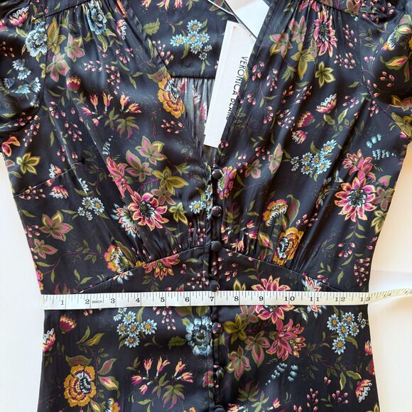 NWT Veronica Beard Terina Gathered Floral-Print Silk-Blend Midi Dress in Black 0 - Picture 15 of 16